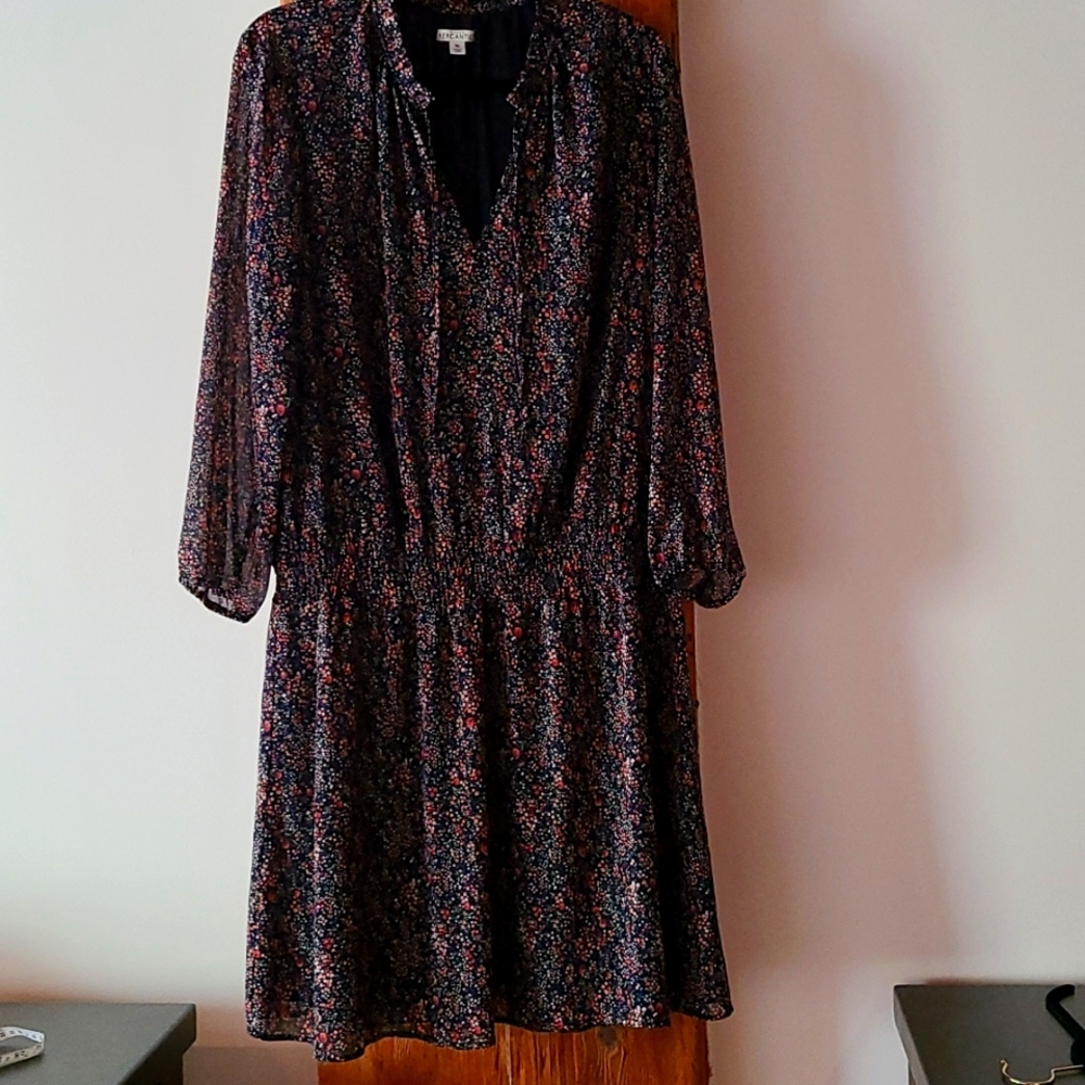 EUC J.Crew navy floral long sleeve dress flowy XL elastic waist spring